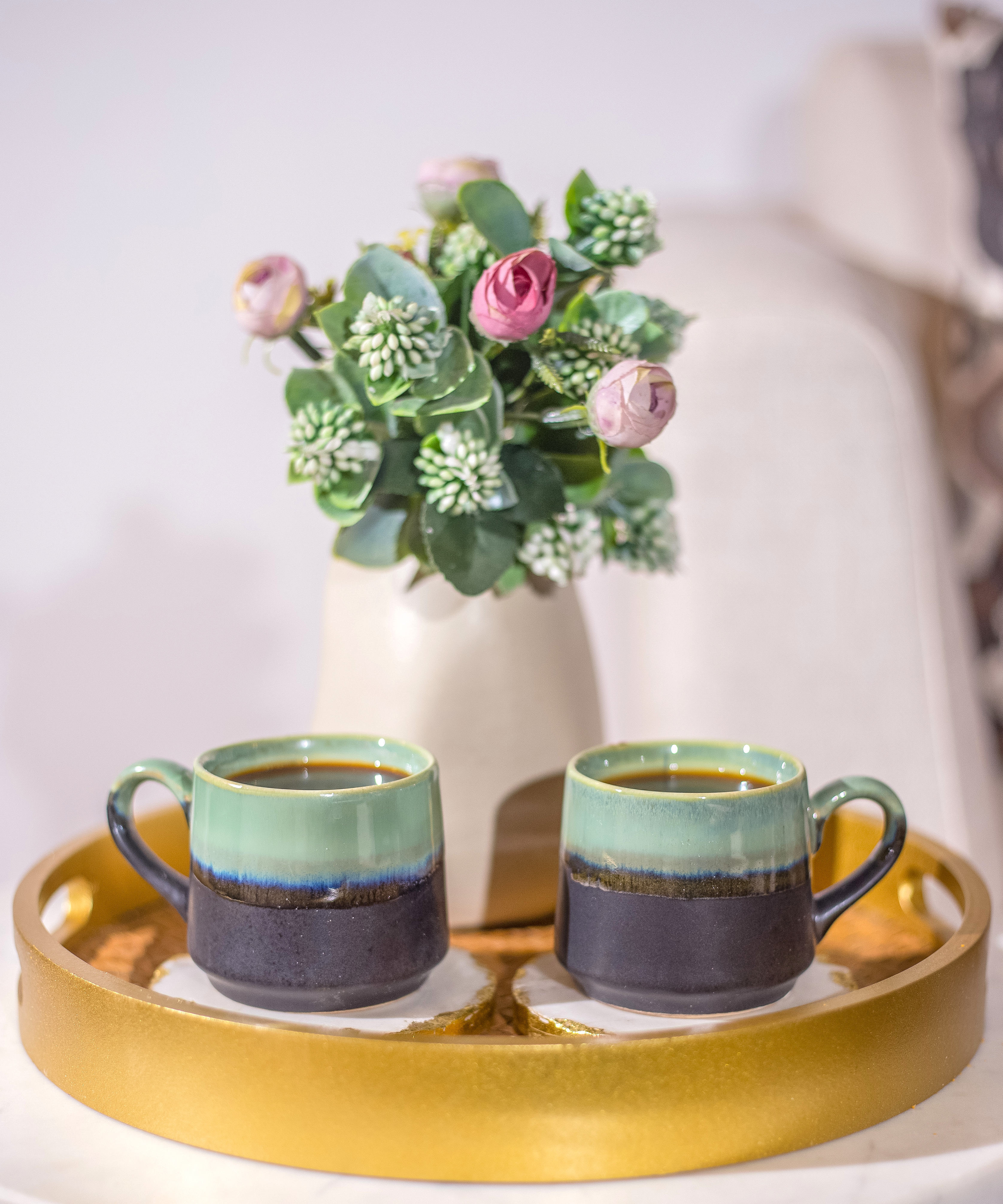 Studio Pottery Pista Green and Black Dual Glazed Cups - Set of 2