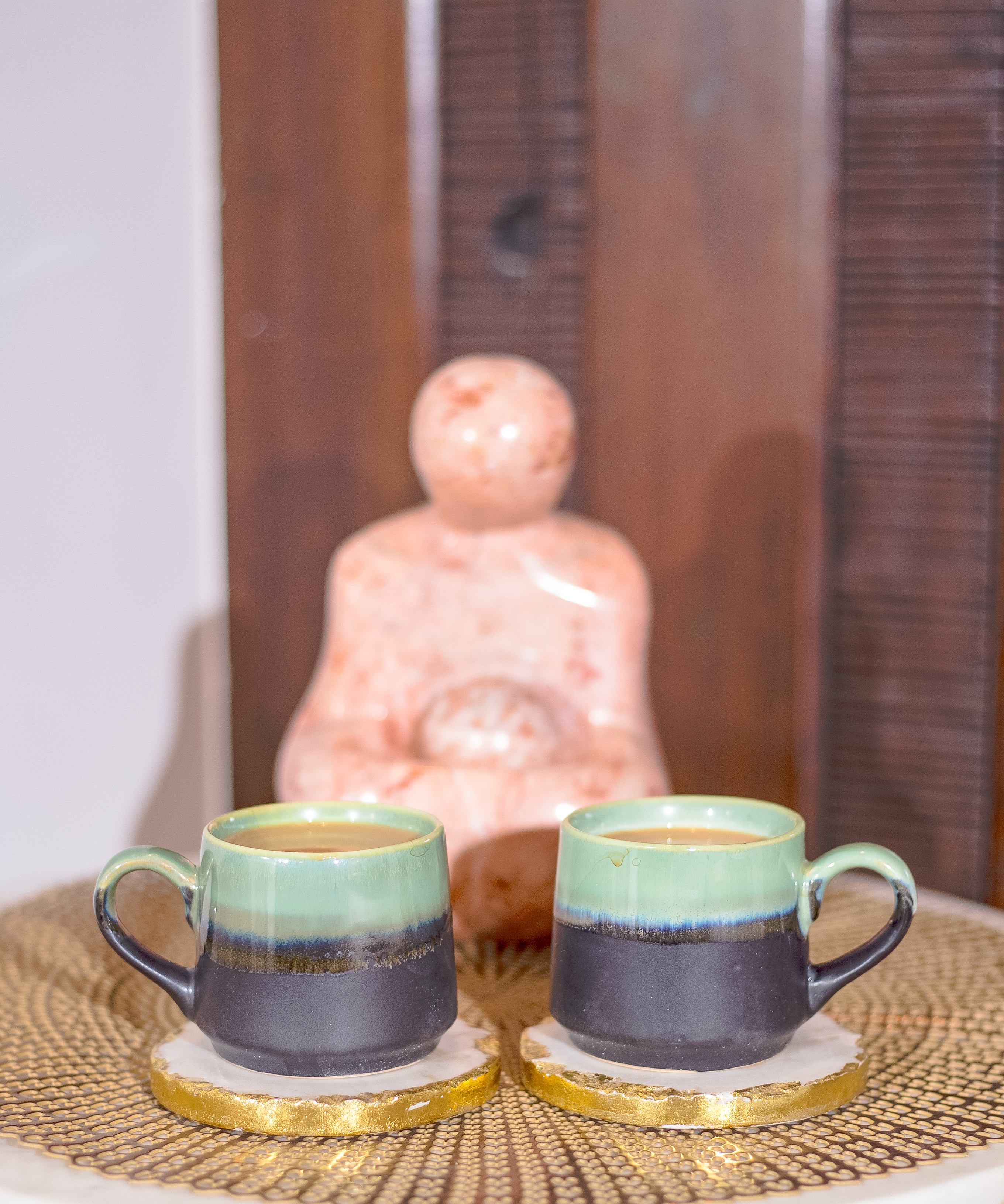 Studio Pottery Pista Green and Black Dual Glazed Cups - Set of 2