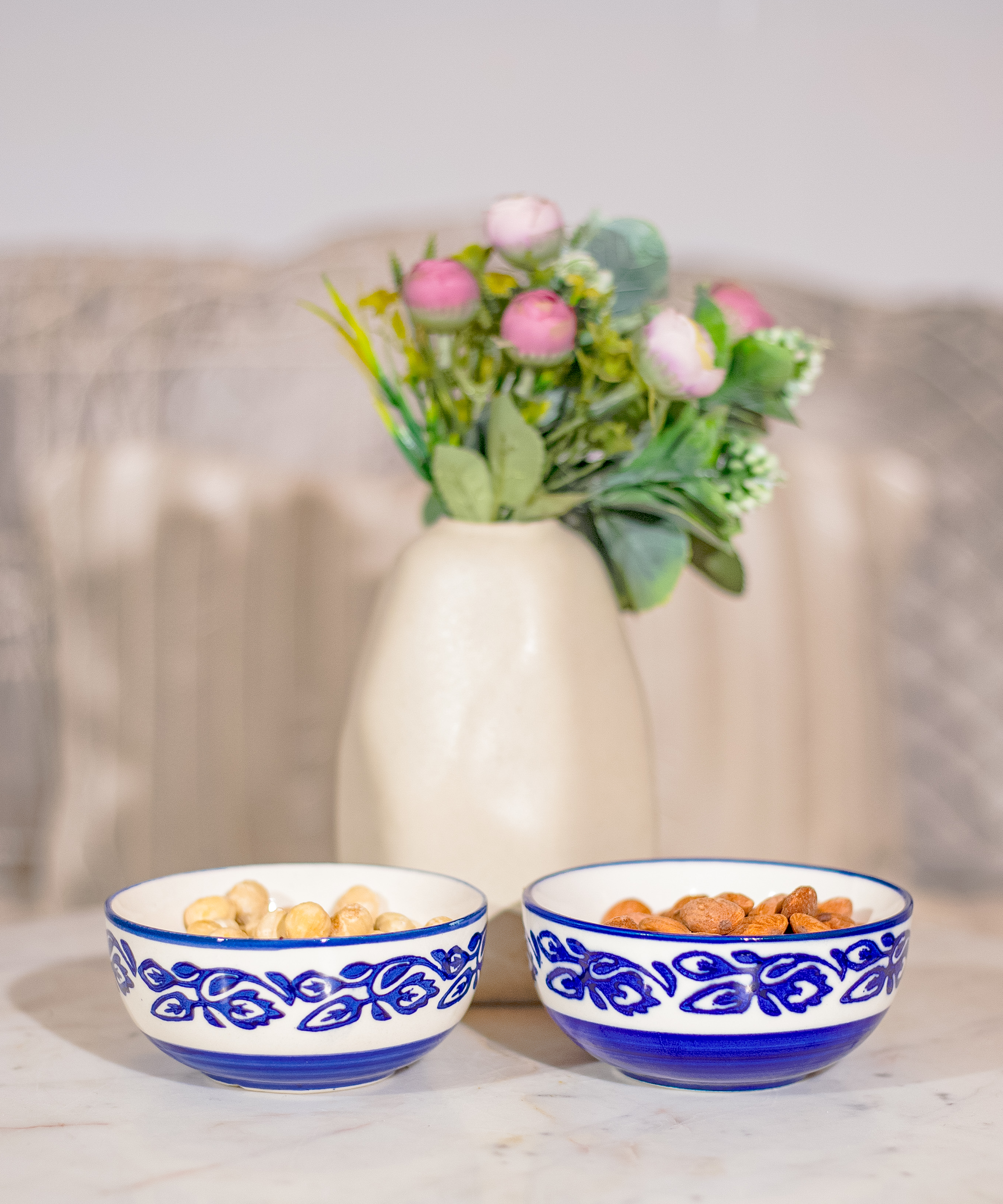 Ceramic Moroccan Blue & White Glazed Bowls - Set of 2
