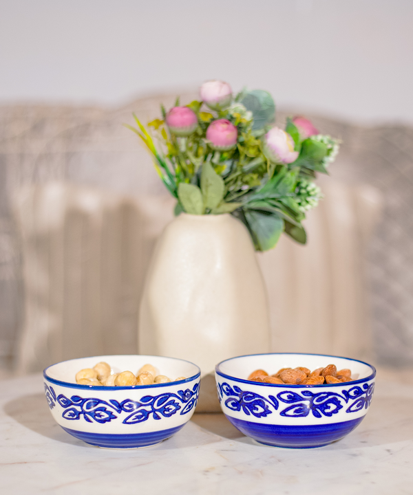 Ceramic Moroccan Blue & White Glazed Bowls - Set of 2