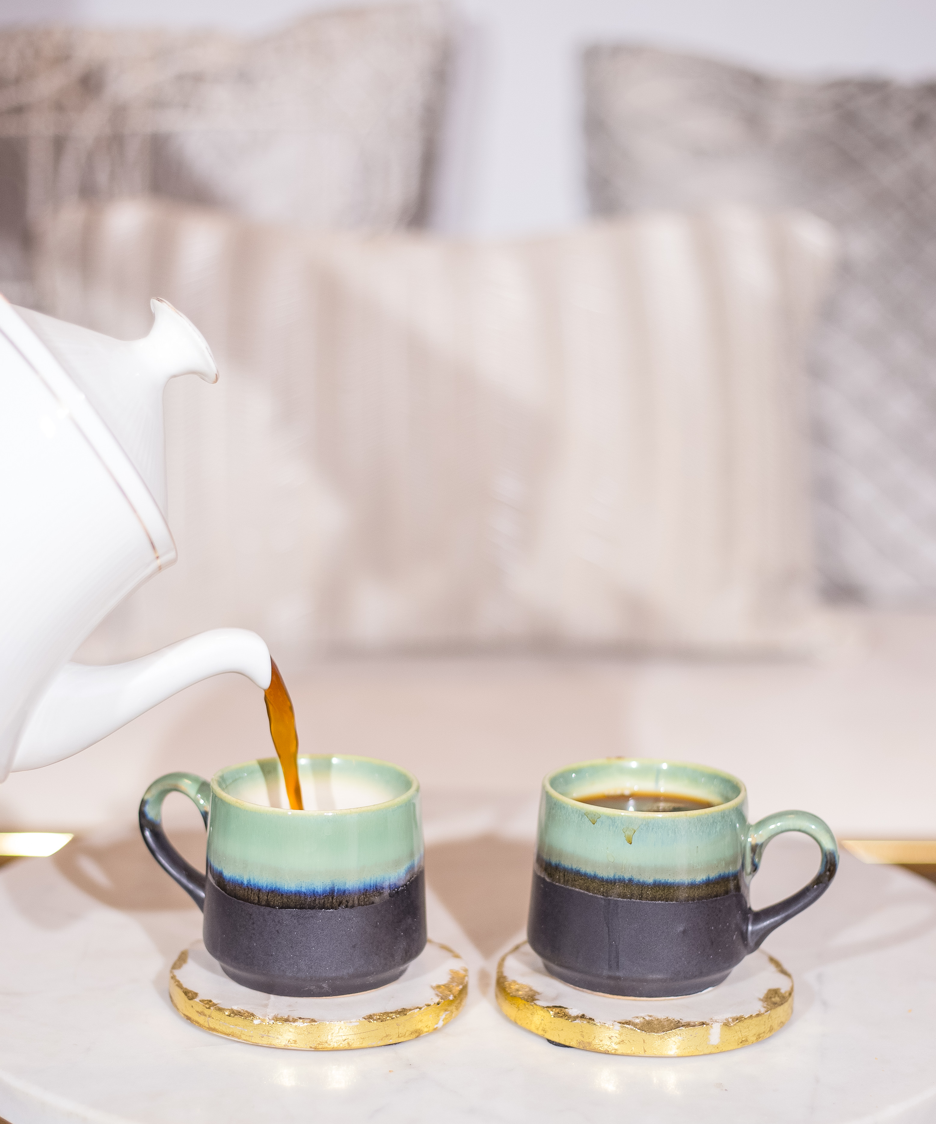 Studio Pottery Pista Green and Black Dual Glazed Cups - Set of 2