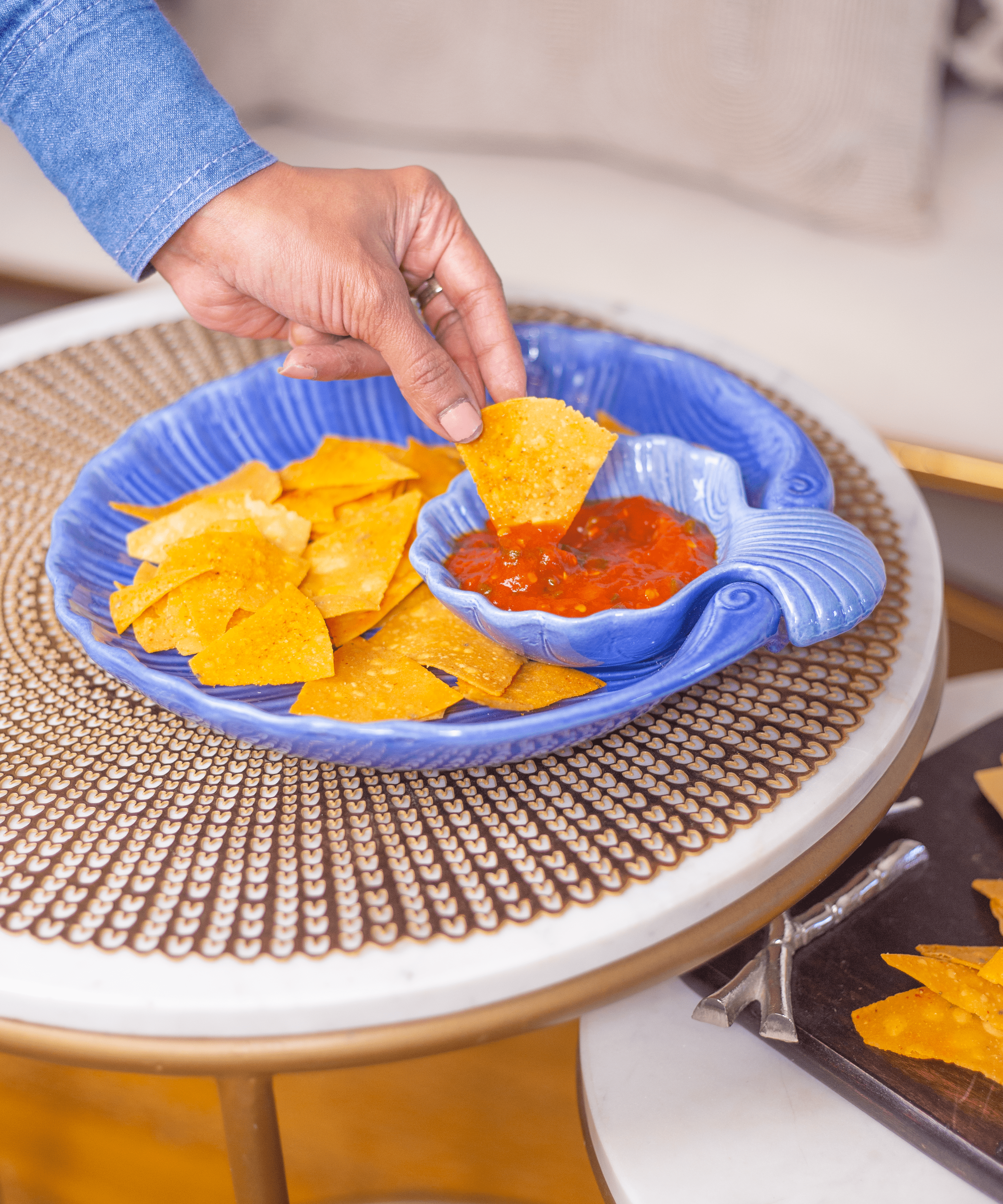 Ceramic Studio Pottery Ocean Blue Hand Glazed Shell Platter with Dip Bowl
