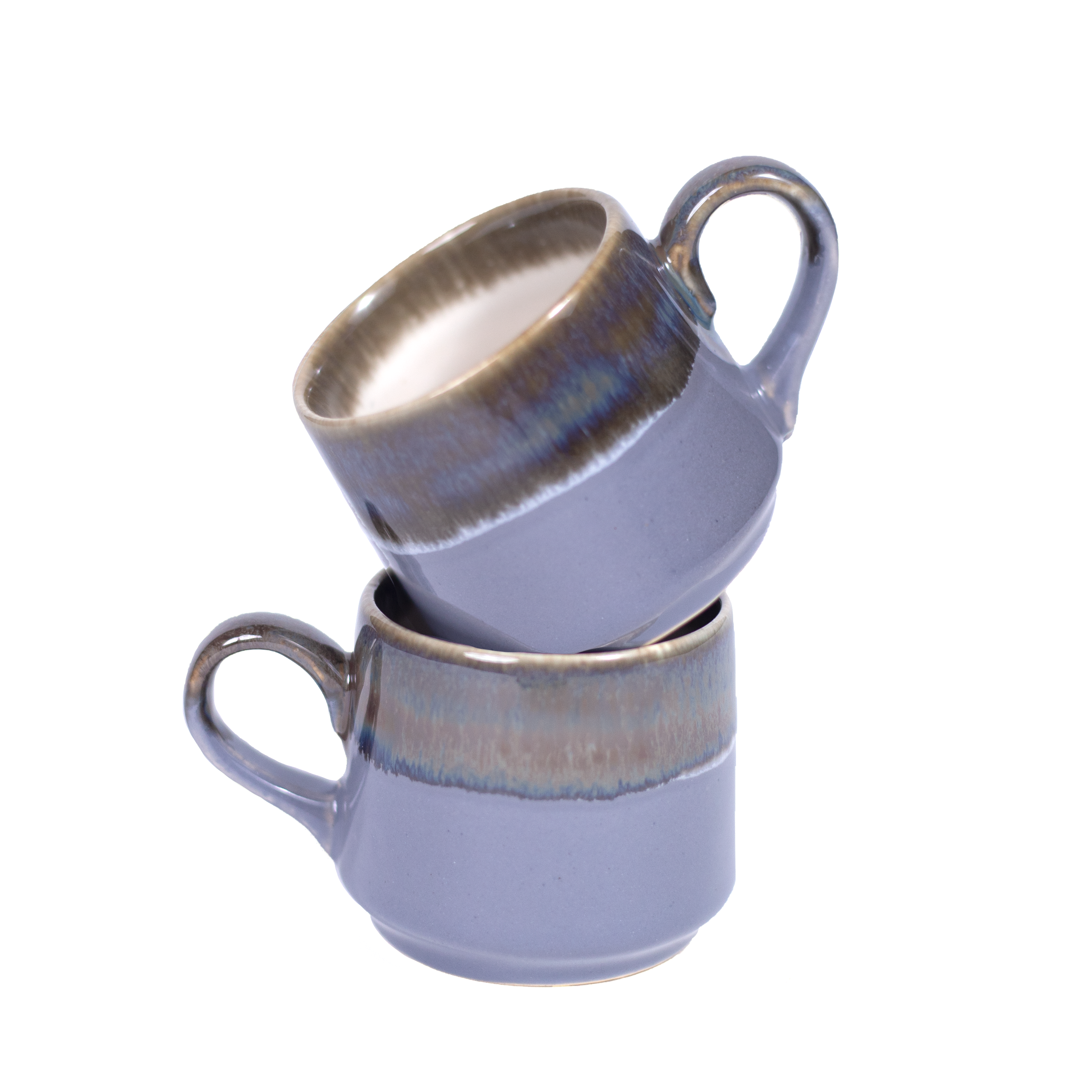 Studio Pottery Purple and Grey Dual Glazed Cups - Set of 2