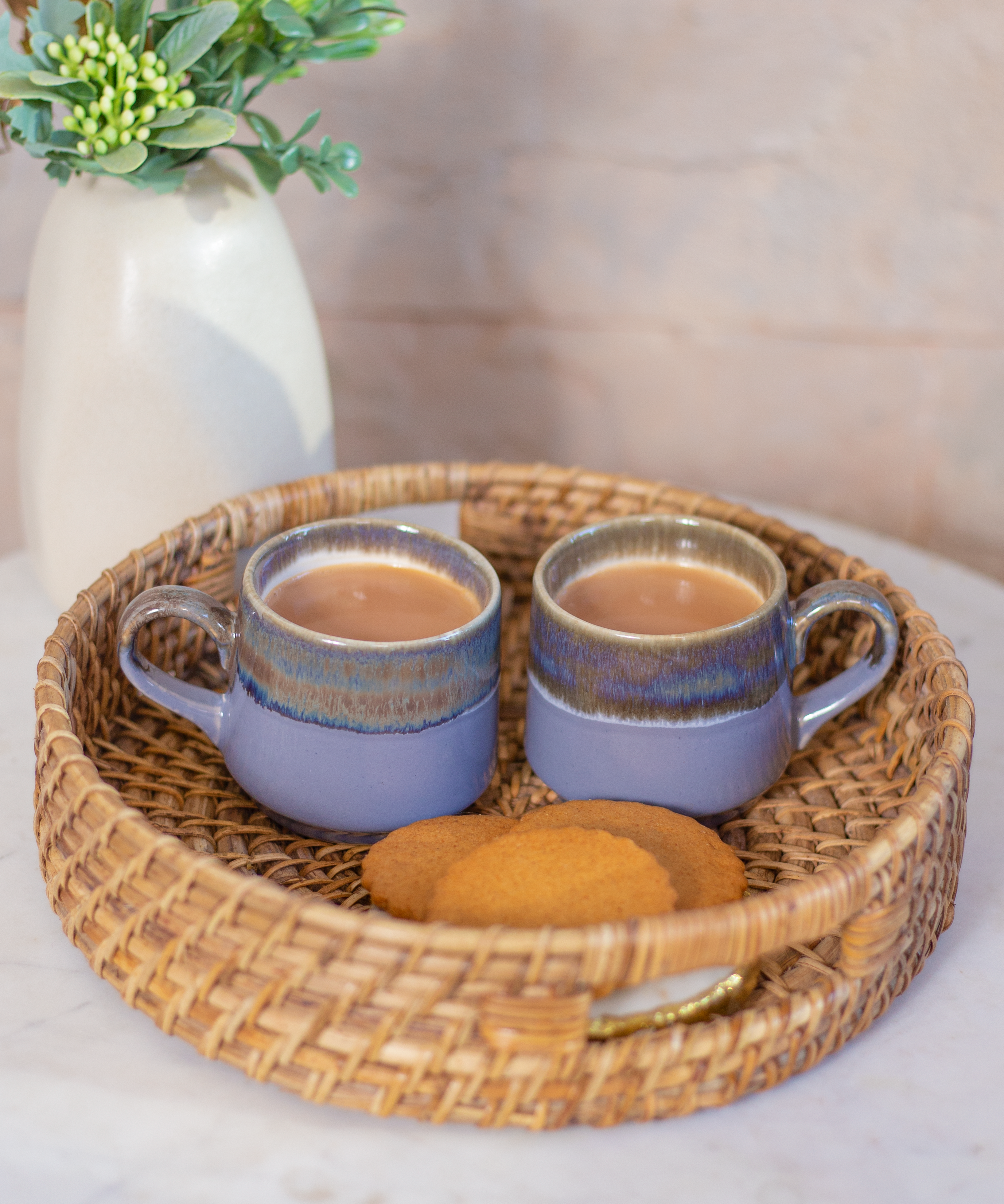 Studio Pottery Purple and Grey Dual Glazed Cups - Set of 2