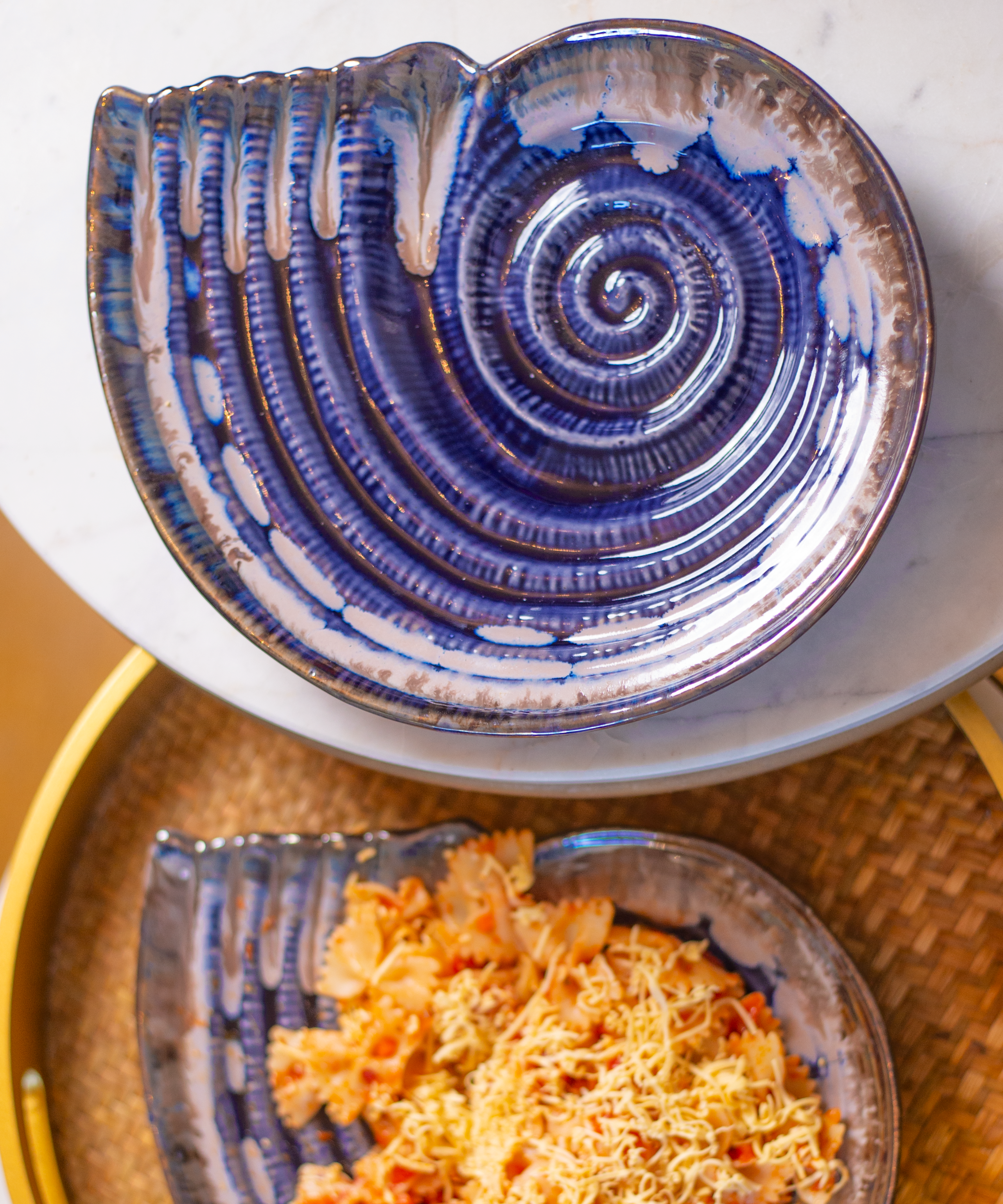 Oceanic Circular Ceramic Studio Pottery Blue, White & Brown Textured Shell Platter