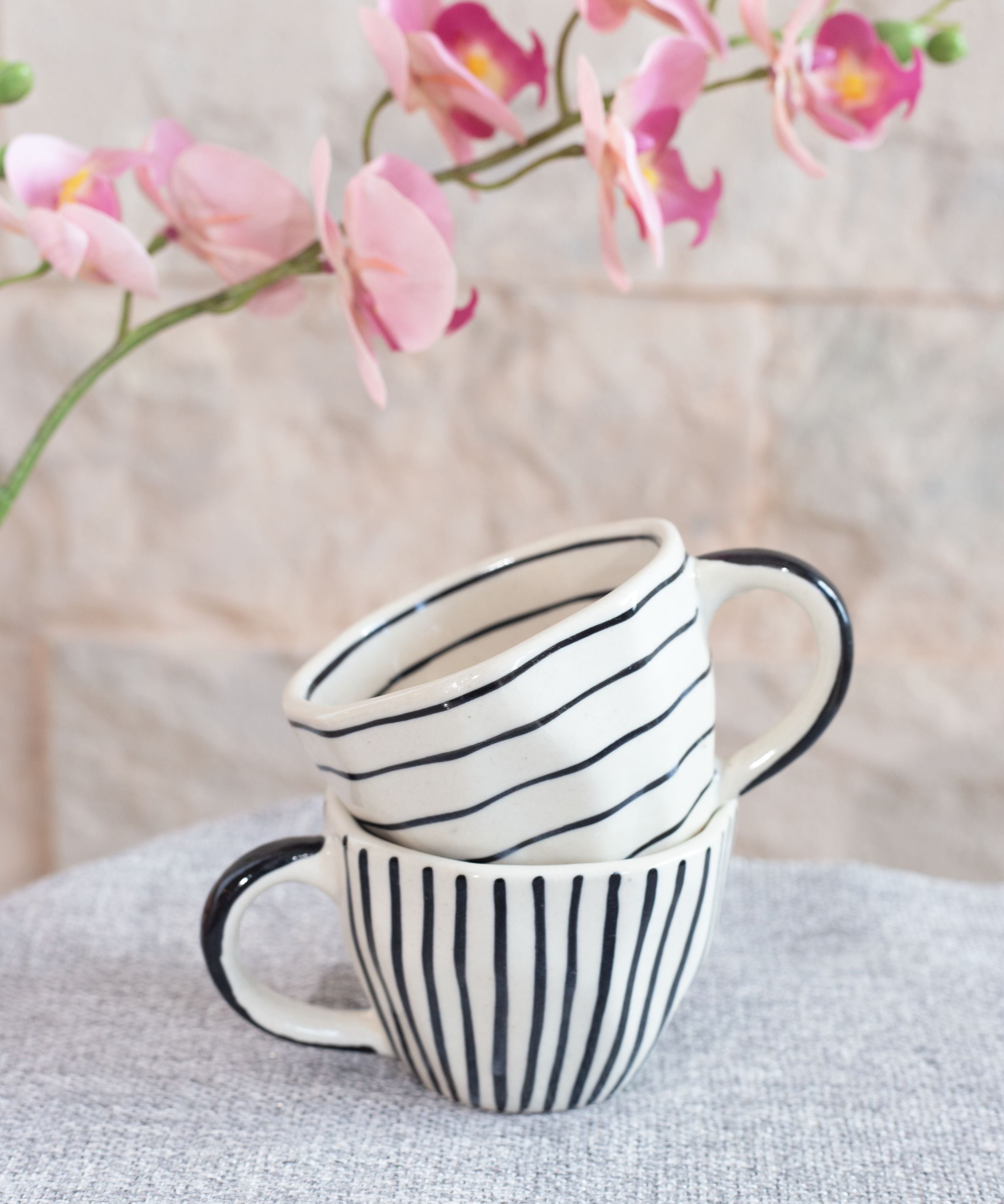 Horizontal and Vertical Black & White Handpainted And Glazed Ceramic Cups - Set of 2 Cups