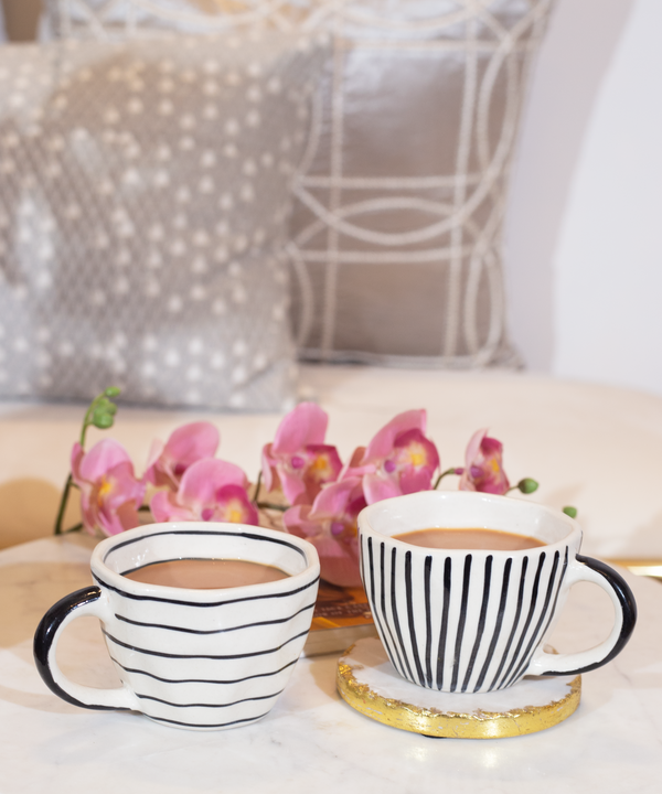 Horizontal and Vertical Black & White Handpainted And Glazed Ceramic Cups - Set of 2 Cups