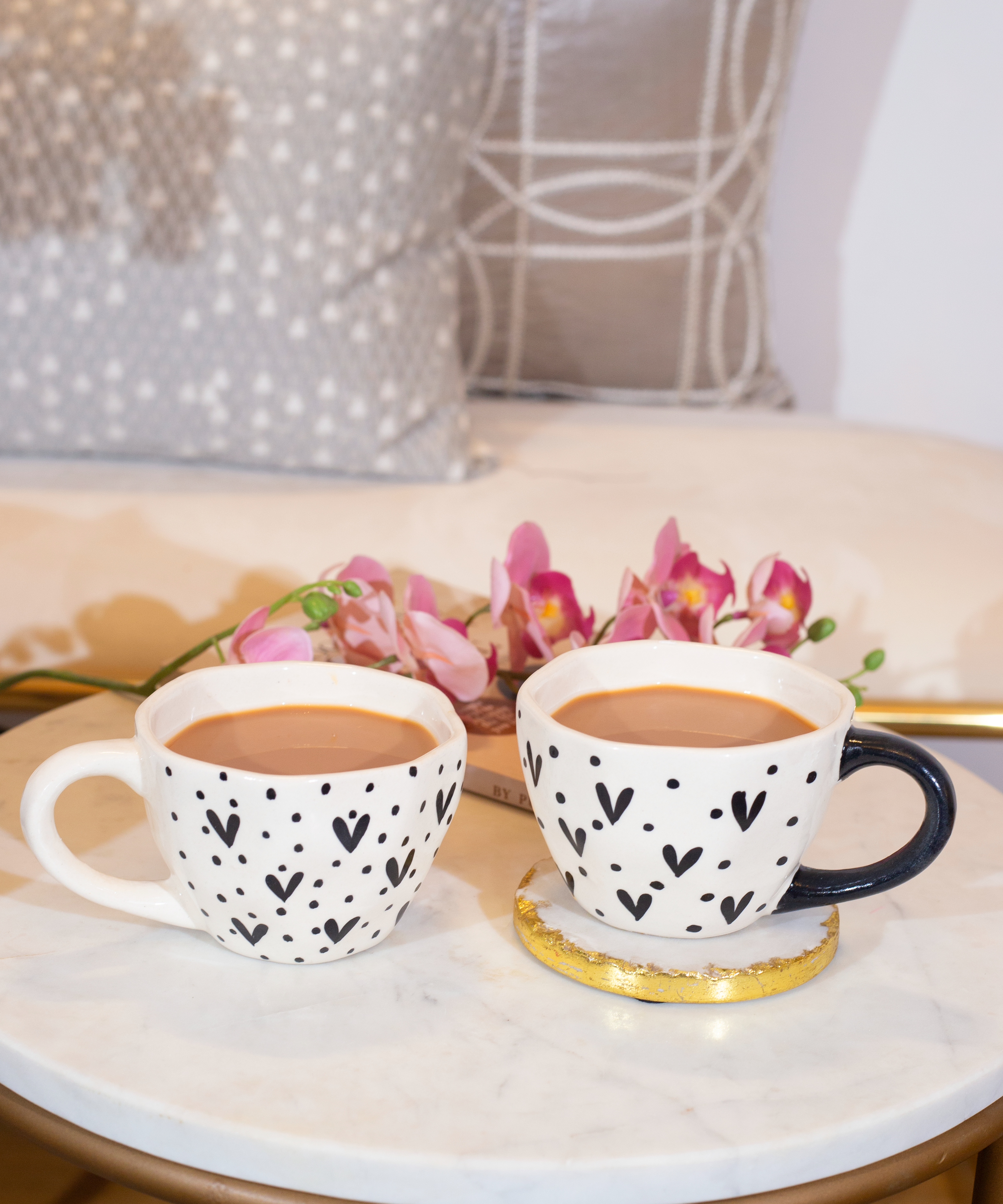 Black & White Heart and Dots Ceramic Mugs