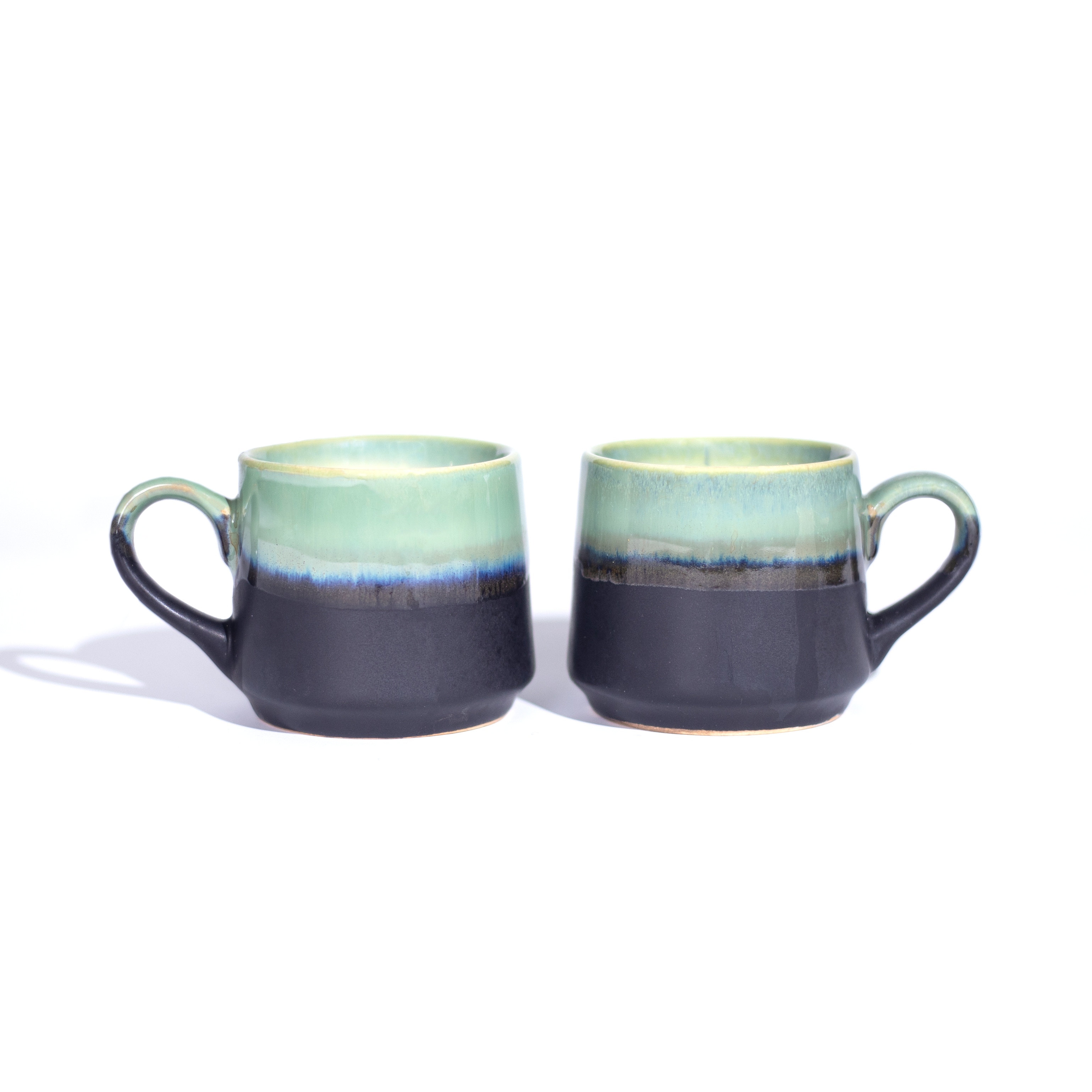 Studio Pottery Pista Green and Black Dual Glazed Cups - Set of 2