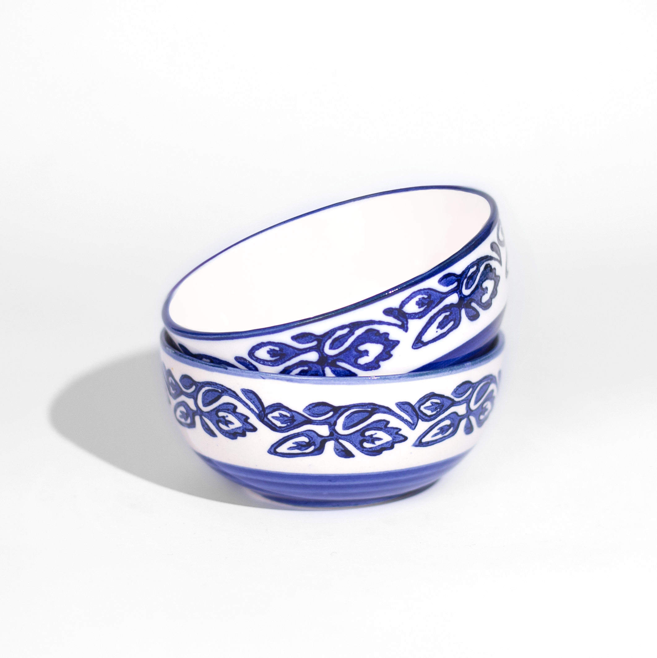 Ceramic Moroccan Blue & White Glazed Bowls - Set of 2