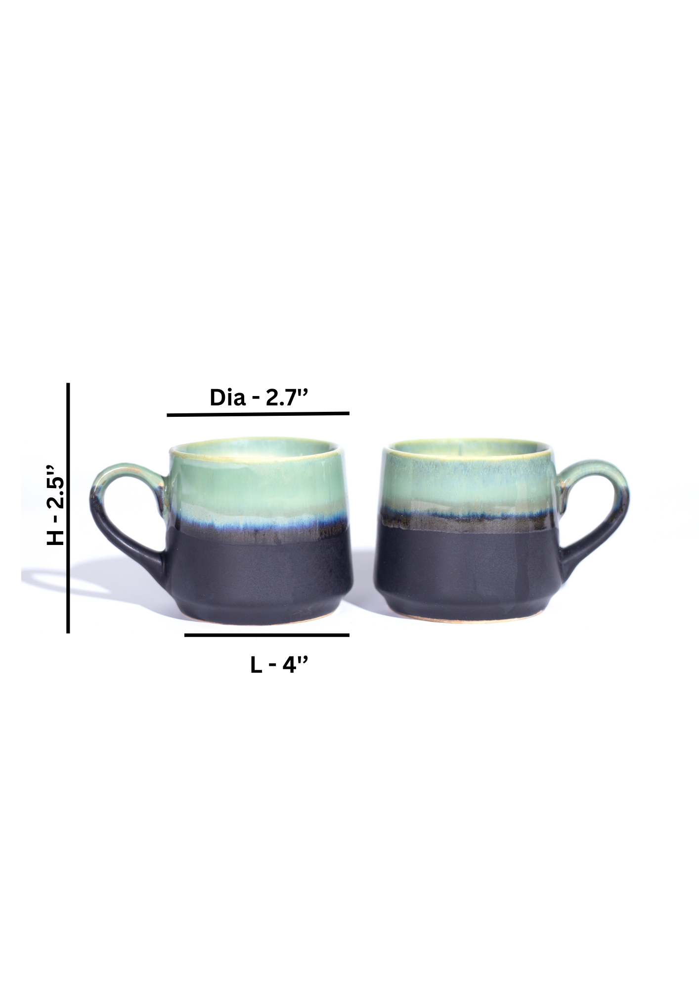 Studio Pottery Pista Green and Black Dual Glazed Cups - Set of 2