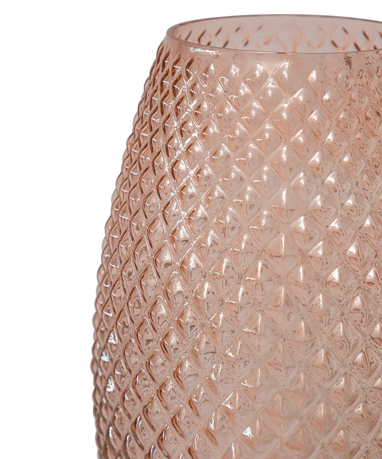 Large Curved Diamond Cut Blush Rose Glass Vase