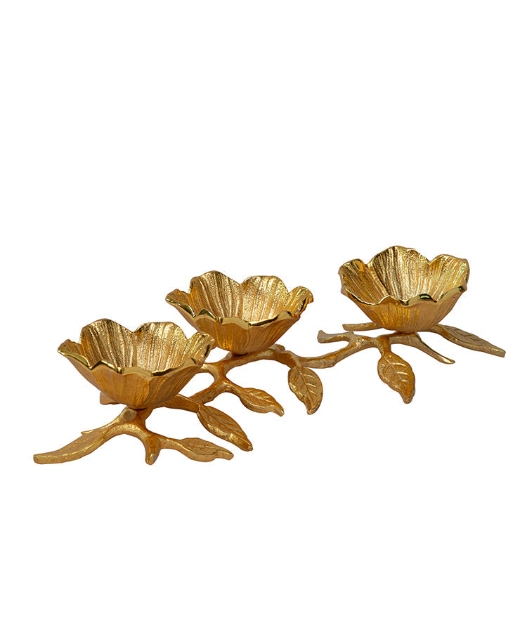 Gold 3 Flower Snack Bowl On Stem With Leaves