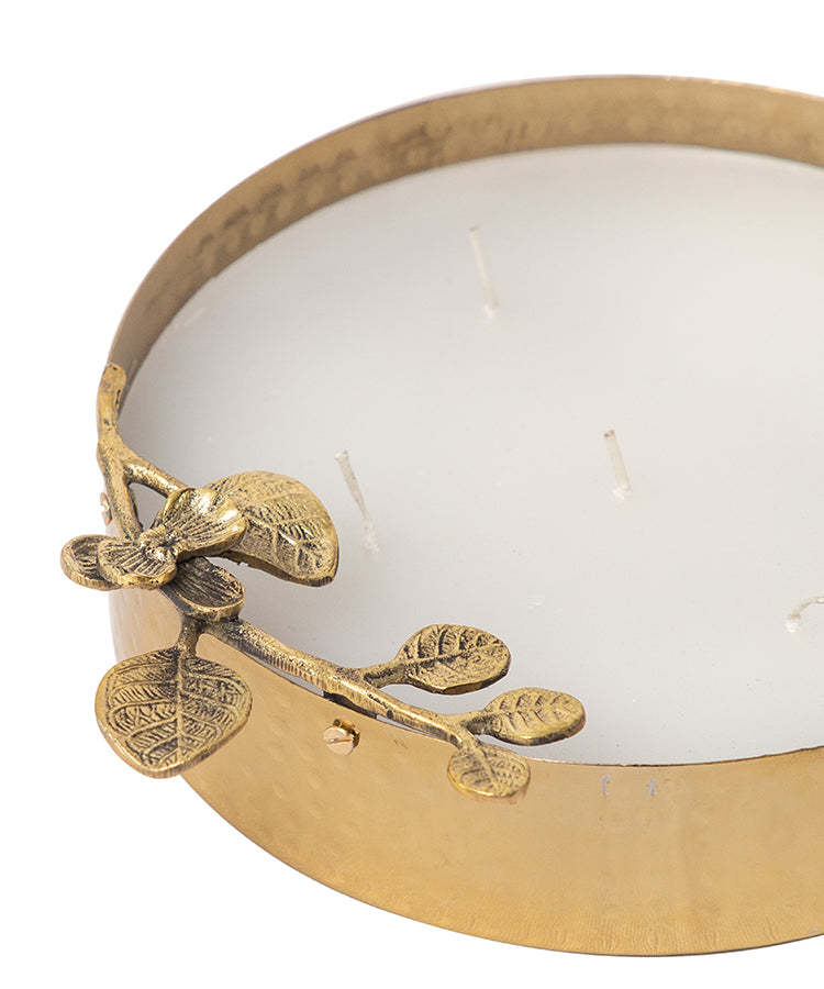 Hand Hammered Gold Metal Urli With Fragrance Wax And Flower On Stem Embellishment