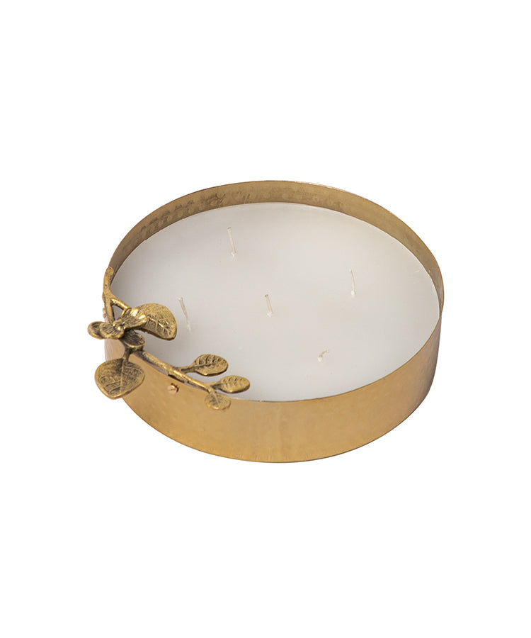 Hand Hammered Gold Metal Urli With Fragrance Wax And Flower On Stem Embellishment