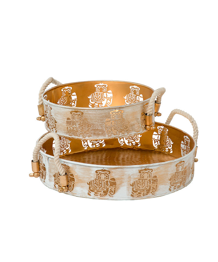 Gold & White Round Elephant Trays Set Of Two