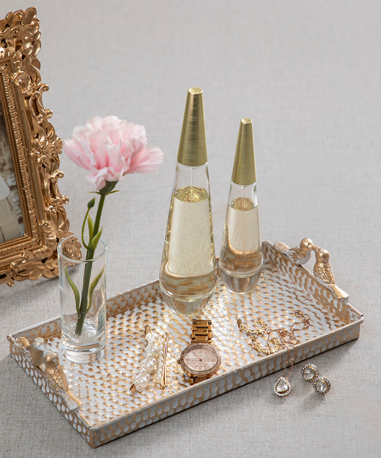 White and Gold Hammered Bird Serveware Iron Alloy Organizer Decorative Tray