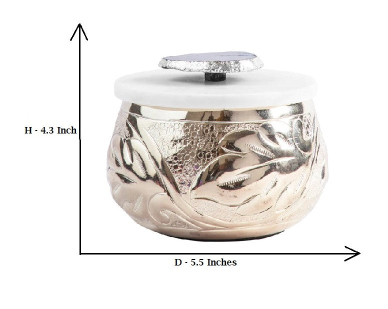 Etched Large Jar in Silver Finish With Marble Lid and Blue Agate Stone Embellishment