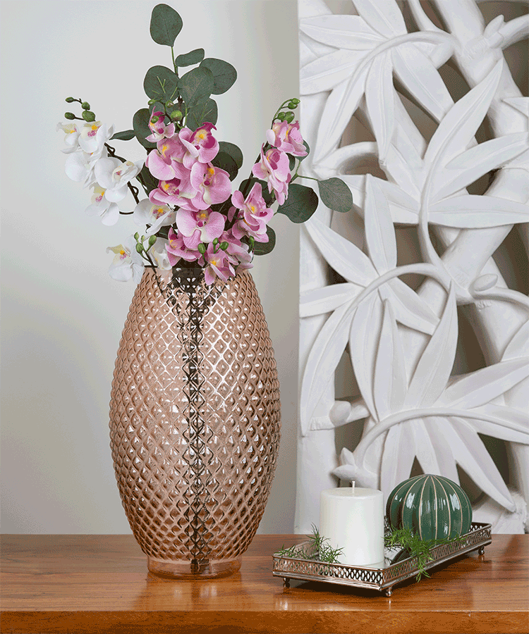 Large Curved Diamond Cut Blush Rose Glass Vase