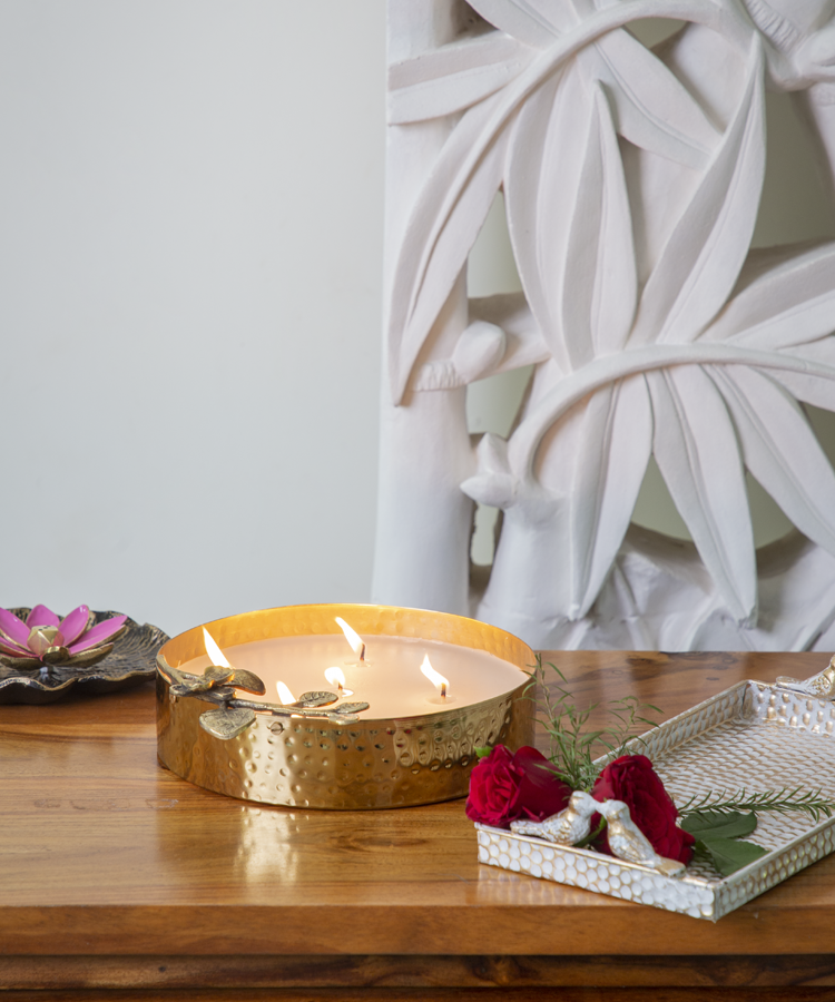 Hand Hammered Gold Metal Urli With Fragrance Wax And Flower On Stem Embellishment