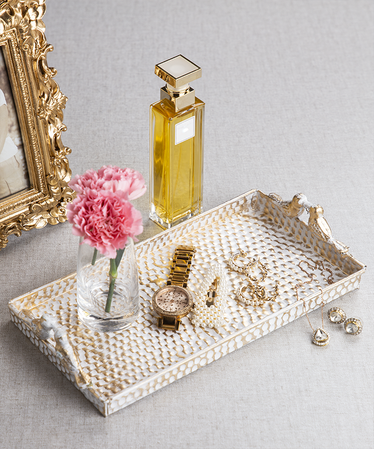 White and Gold Hammered Bird Serveware Iron Alloy Organizer Decorative Tray