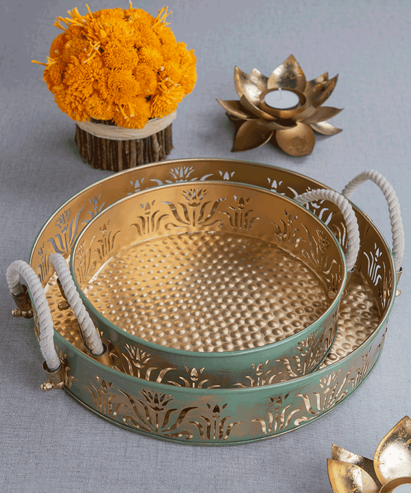 Green & Gold Round Lotus Trays - Set Of 2