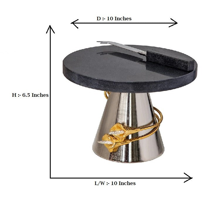 Gold Spiral Tulips Design Black Marble Top With Silver Base Cake Stand And Knife Set