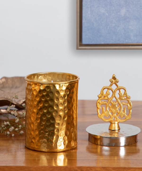 Candle Holder Jar with Crown in Gold and Silver Hammered Finish.