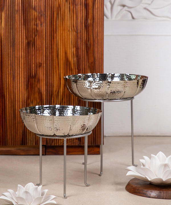 Set Of Two Flower Silver Urlis On Stand