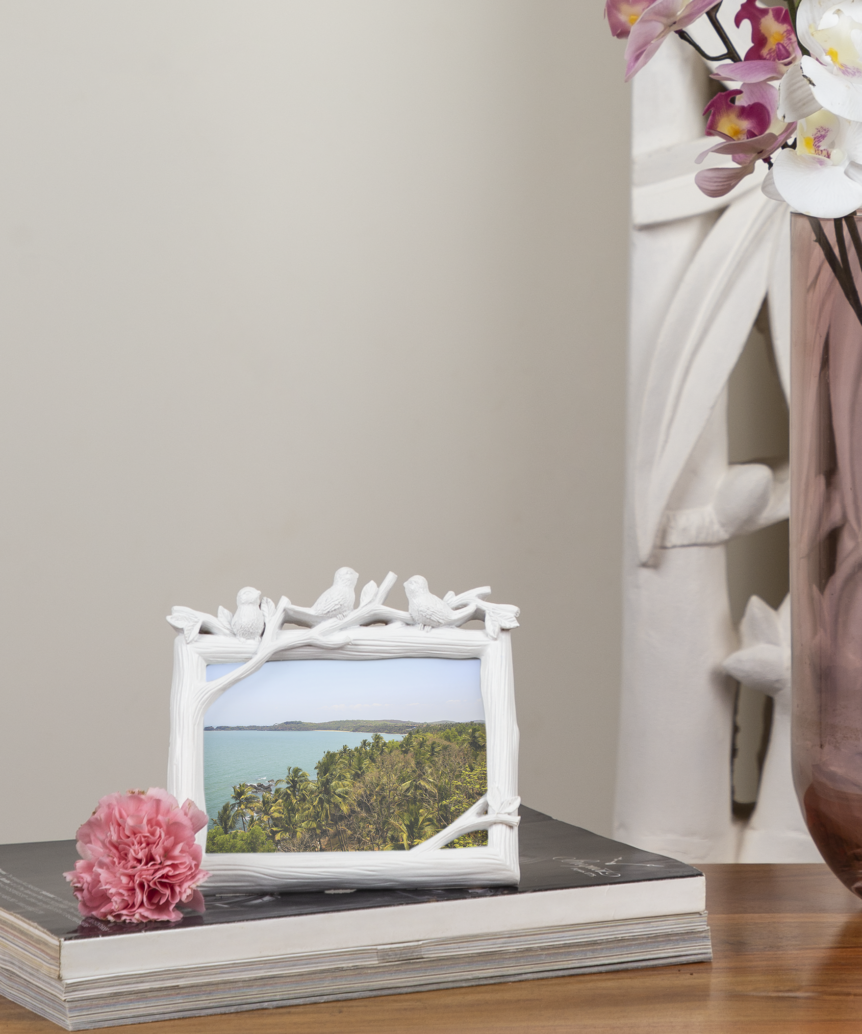 White Birds and Leaves Small Photo Frame