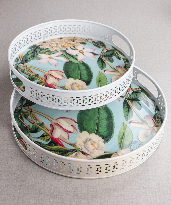 Tropical Floral White Metal Trays - Set Of 2