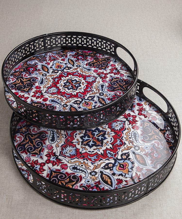 Metal Black Tray With Moroccan Multi-Coloured Design-Set Of 2