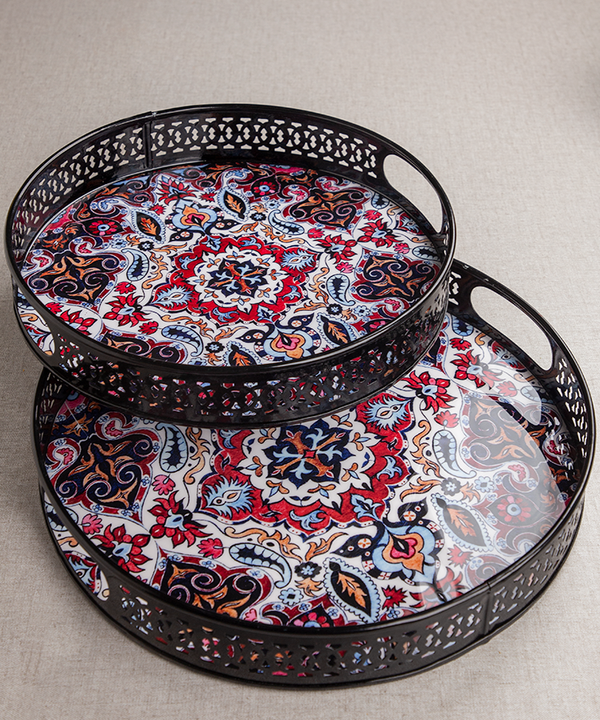 Metal Black Tray With Moroccan Multi-Coloured Design-Set Of 2
