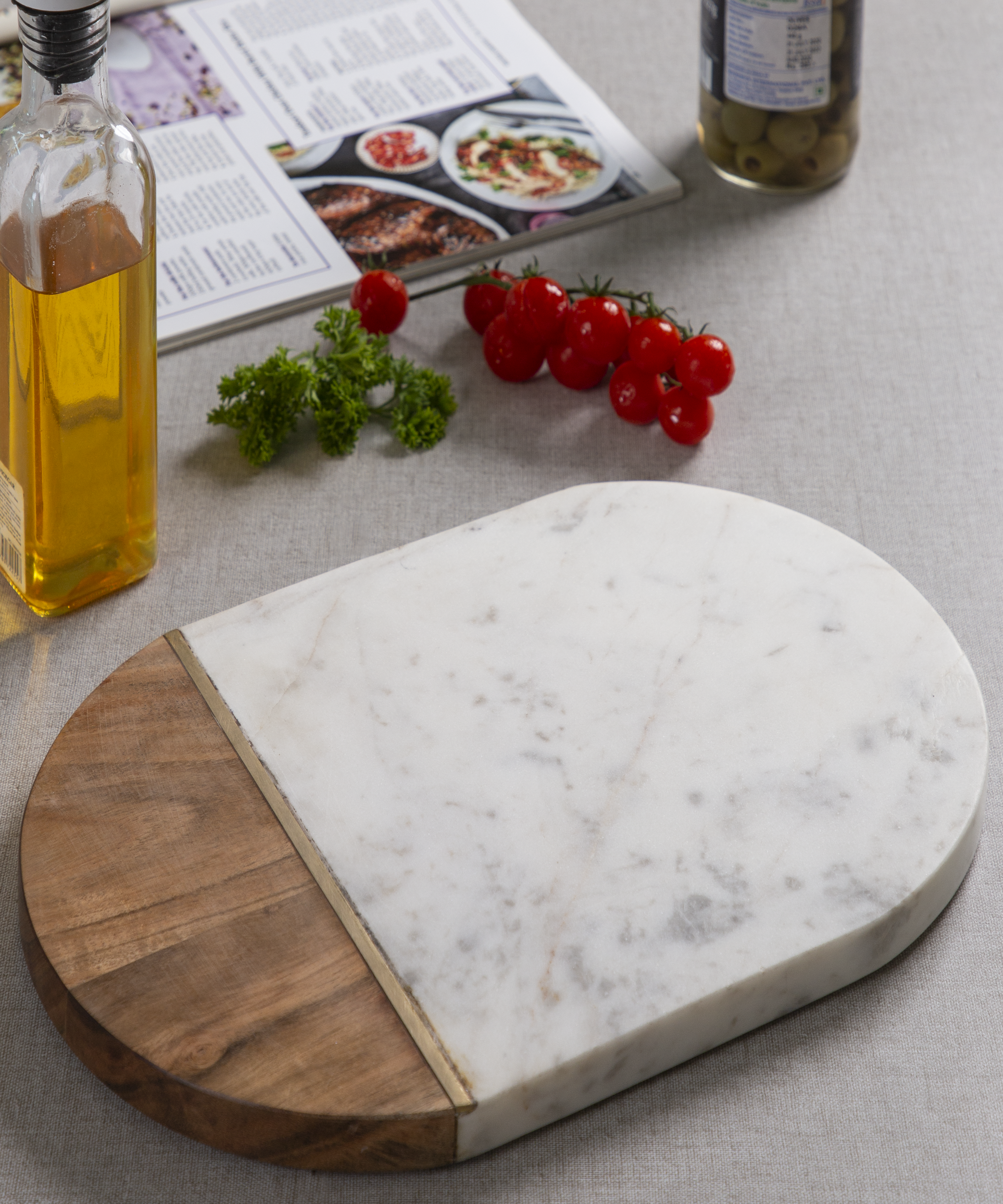 Wood And Marble Oval Platter With Brass