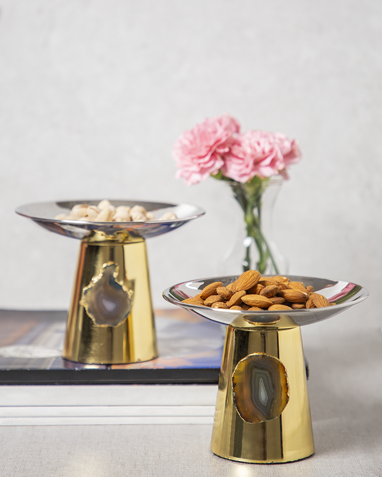 Stainless Steel Platters /Bowls With Brown Agate Stone-Set of 2