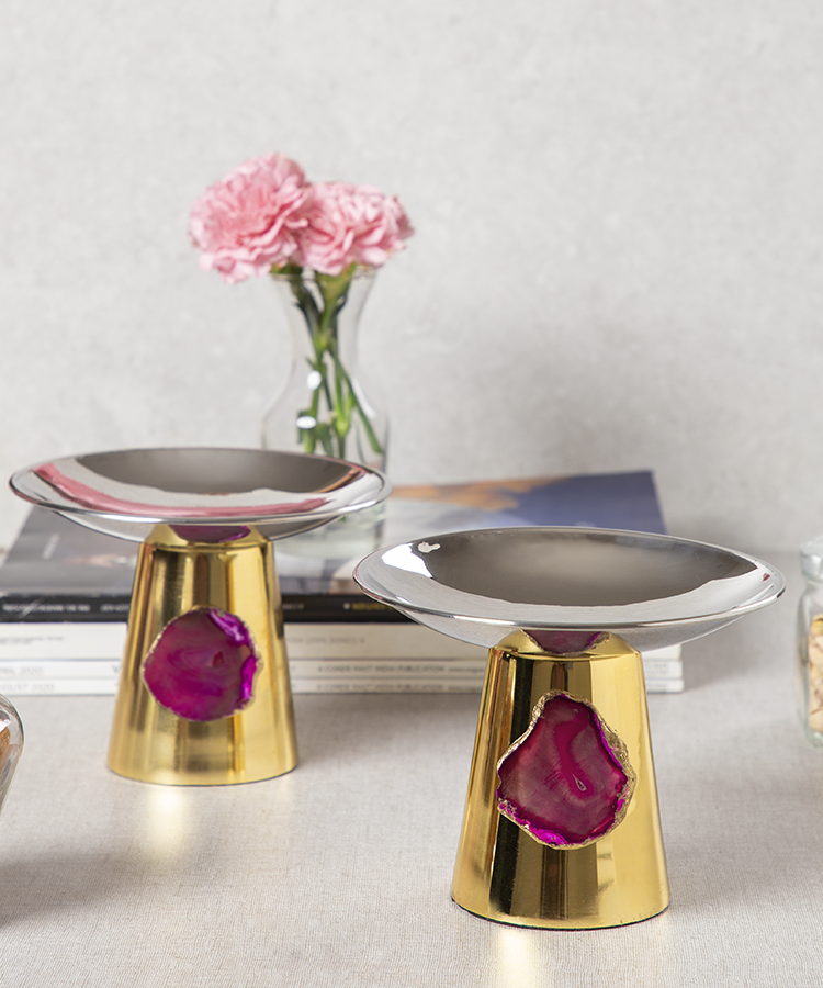 Stainless Steel Platters /Bowls With Pink Agate Stone -Set Of 2