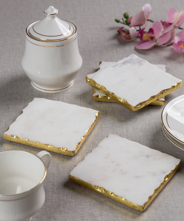 White Square Marble Coasters with Gold Foiling - Set Of 4