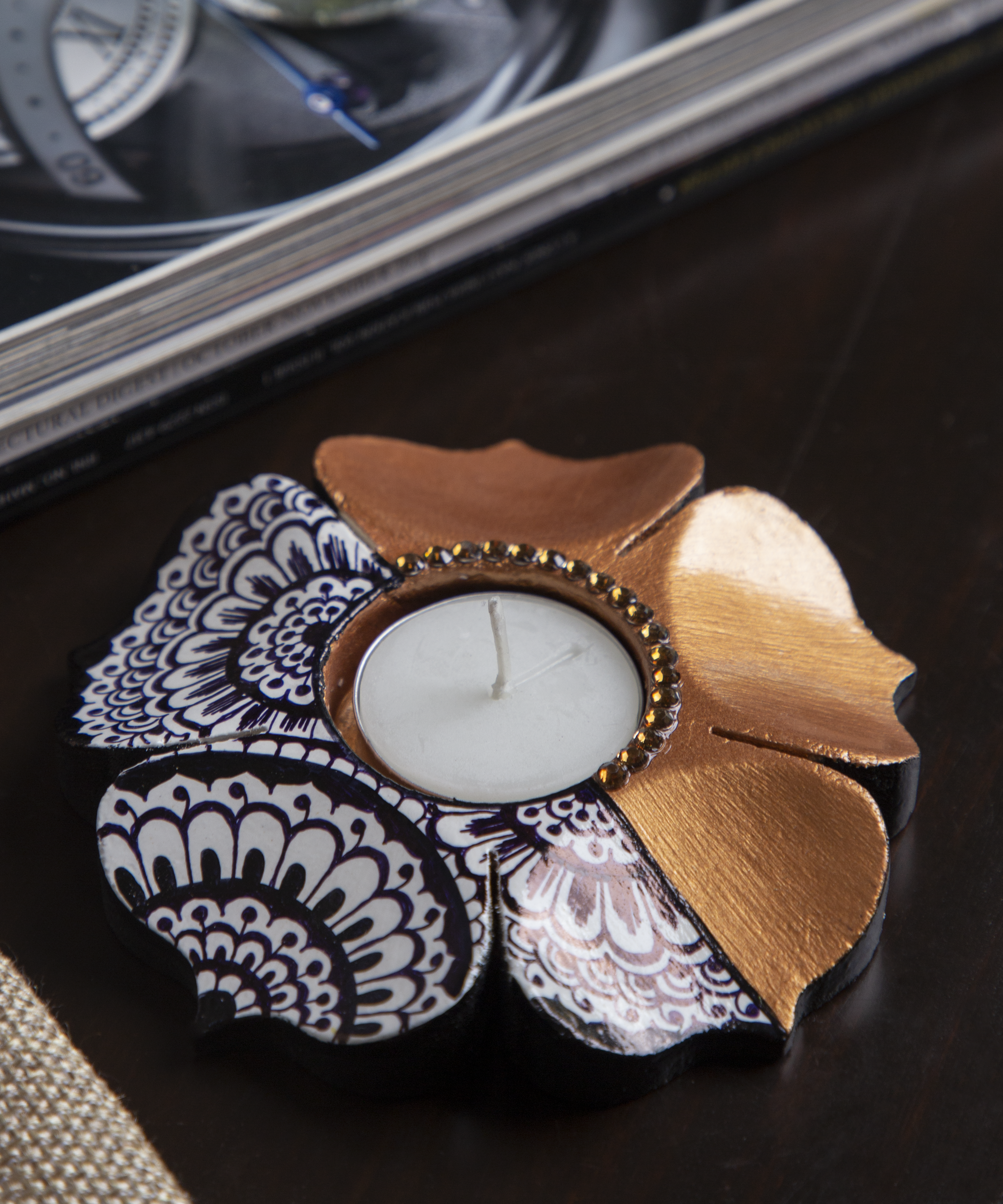 Wooden Lotus Mandala Hand Painted and Gold Petals Candle Holder