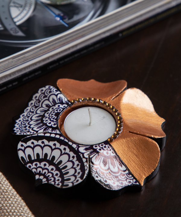 Wooden Lotus Mandala Hand Painted and Gold Petals Candle Holder