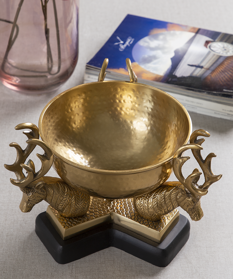 Brass Serving Bowl On Deer Horns