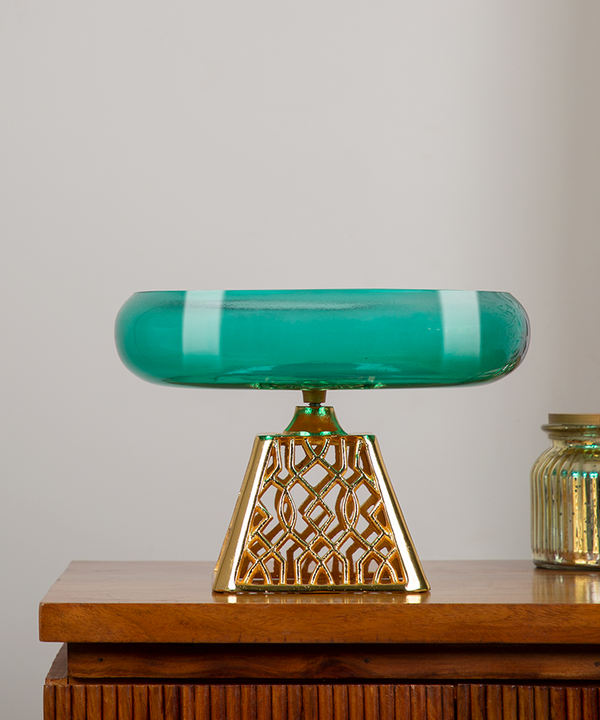 Blue Glass Bowl Urli With Cutwork Base