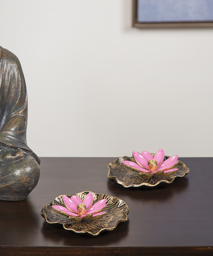 Pink Enamel Brass Lotus On Leaf Incense Holder