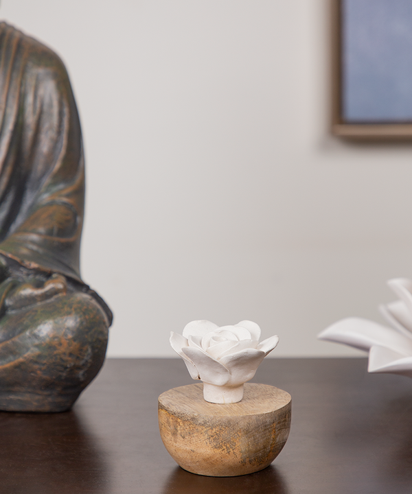 Terracotta White Rose with Wooden Base Incense Holder