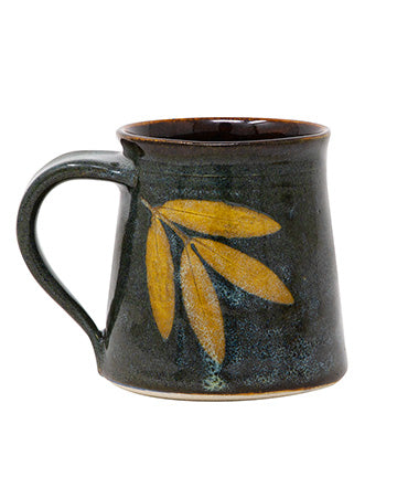 Studio Pottery Handcarved and Handglazed Deep Olive Glazed with Leaf Motif Ceramic Mug (350ML Microwave & Dishwasher Safe)
