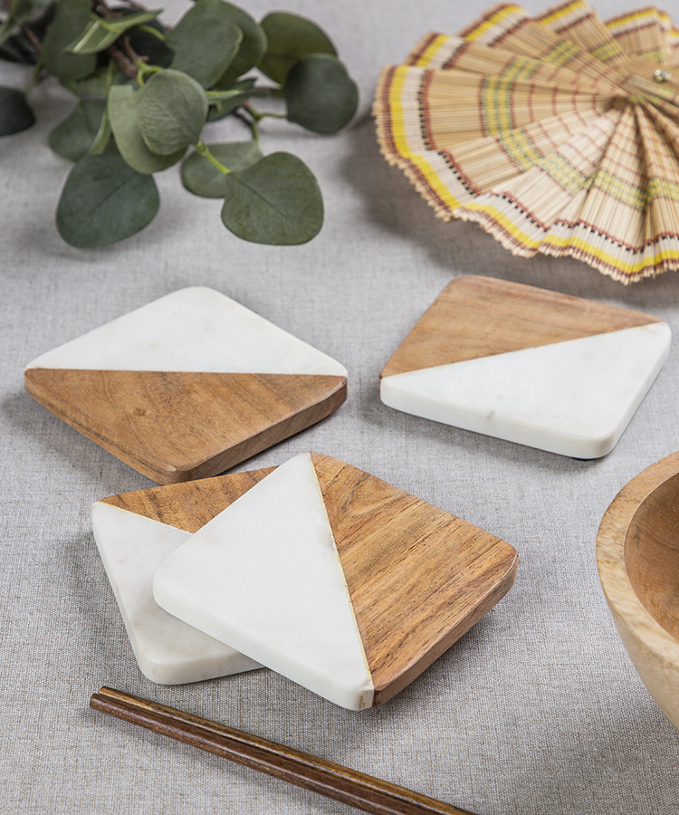 Square Coasters Diagonal Design Half Marble Half Wood - Set Of 4