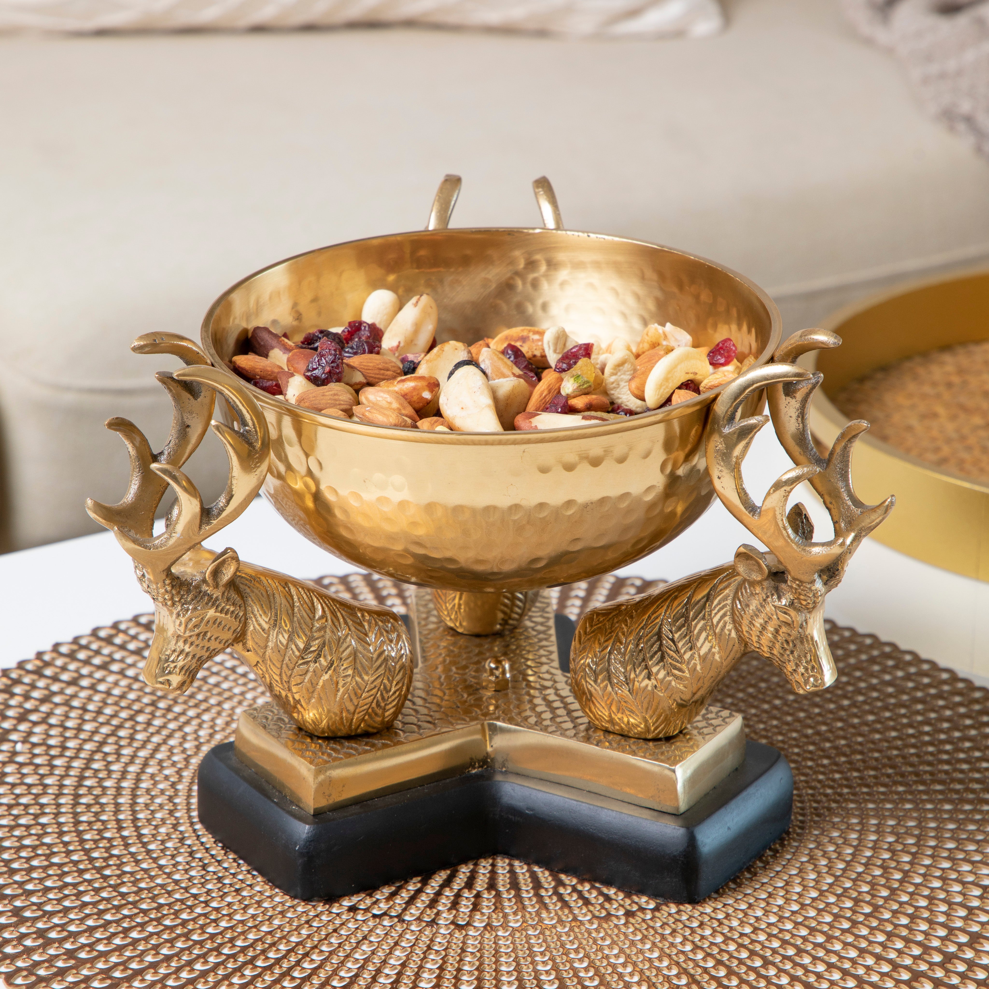 Brass Serving Bowl On Deer Horns