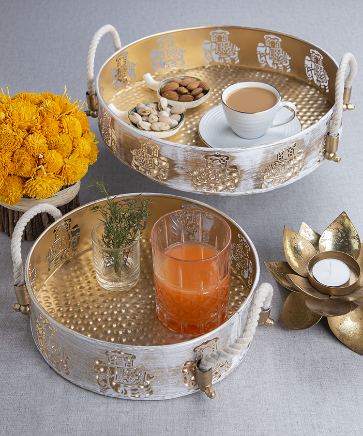 Gold & White Round Elephant Trays Set Of Two