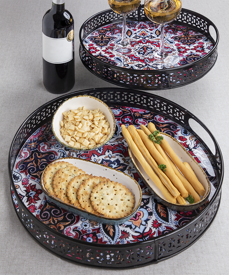 Metal Black Tray With Moroccan Multi-Coloured Design-Set Of 2