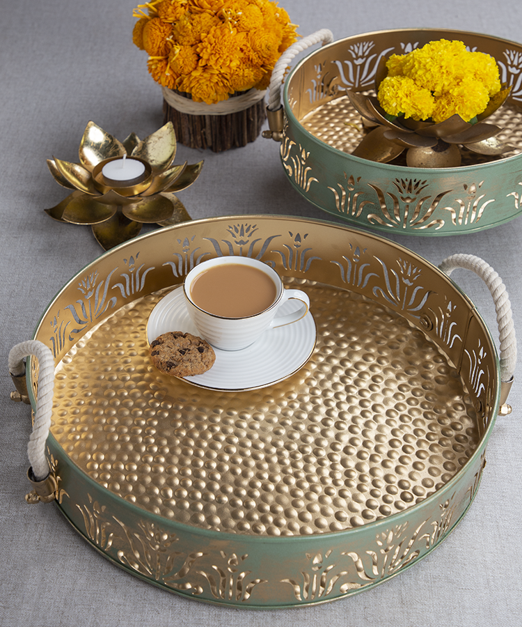 Green & Gold Round Lotus Trays - Set Of 2