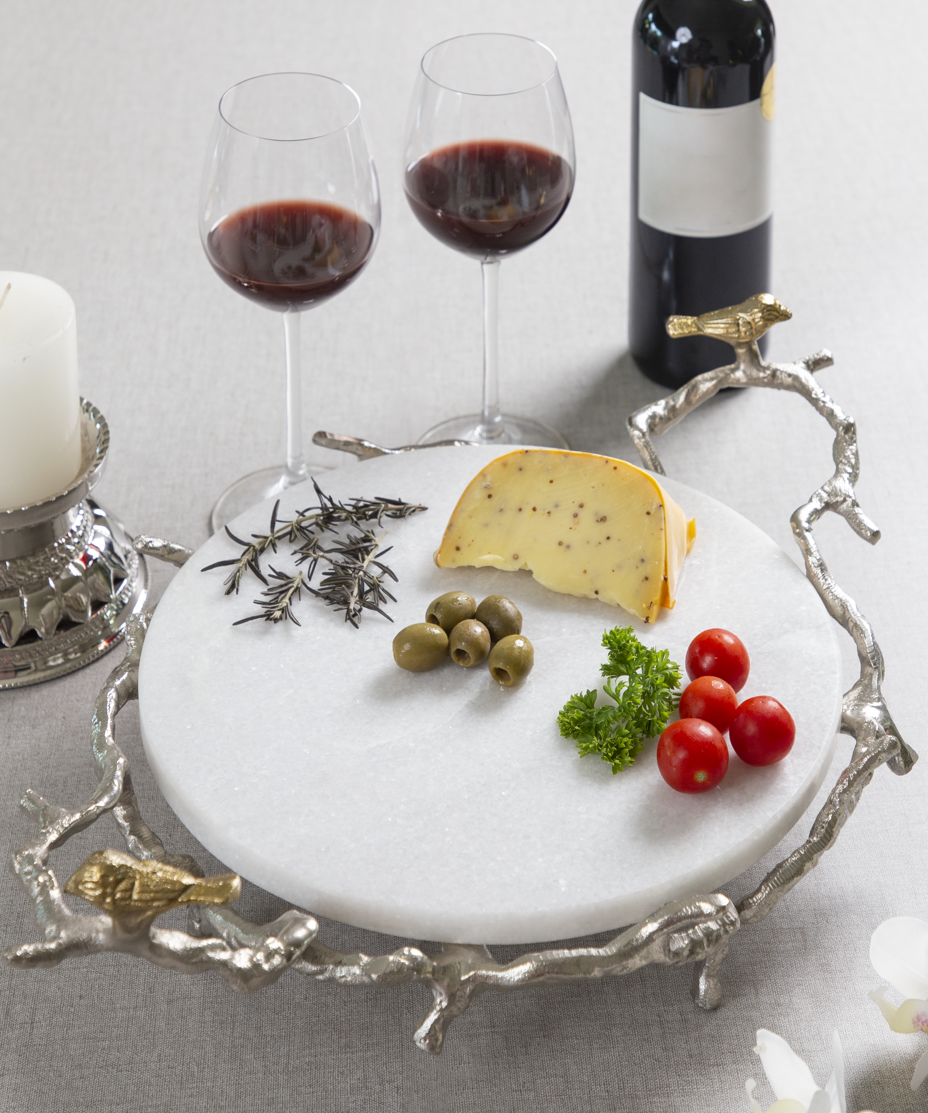 White Marble Platter On Silver Birds Branch Stand